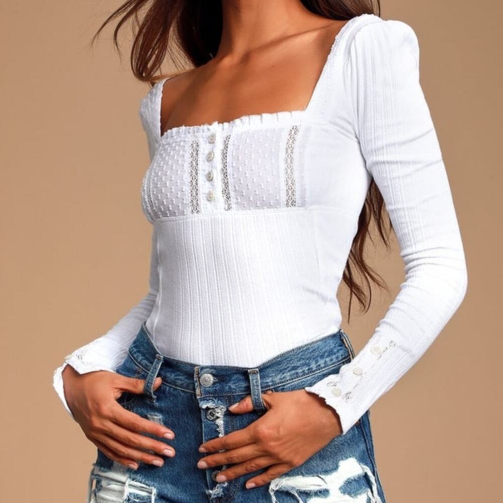 Free people sugar white ribbed long sleeve top size M